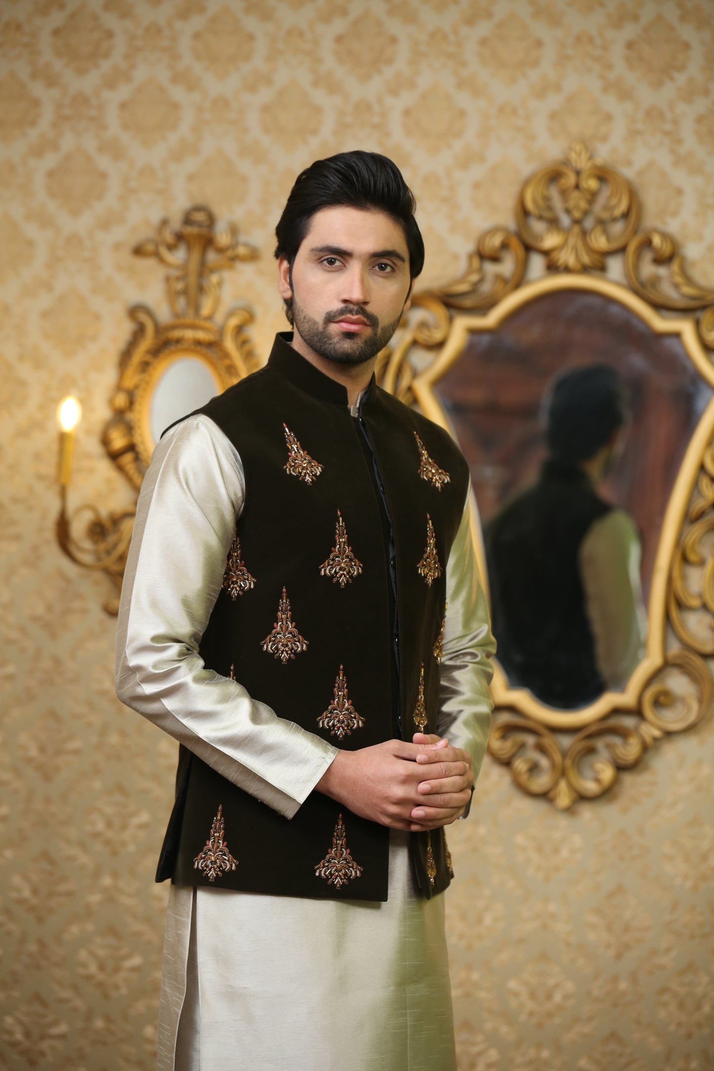 Waistcoat Deep Olive Green Front Premium Embellished (VC00030-GRN)