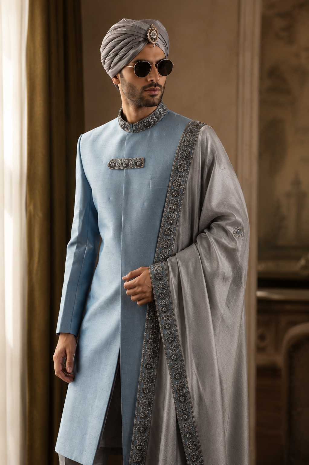 Ice Blue Sherwani Hand Embellished Collar (SH00076-SKU)