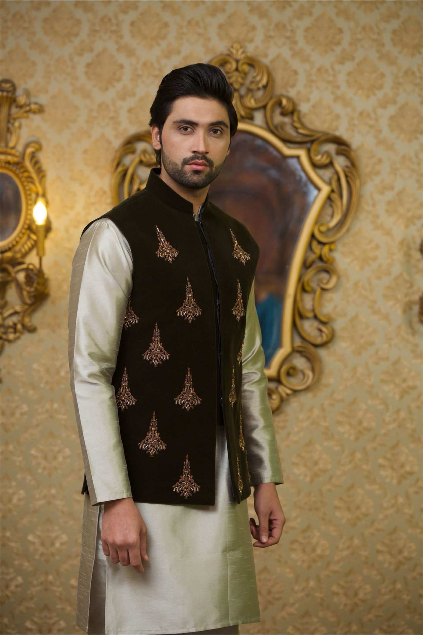 Waistcoat Deep Olive Green Front Premium Embellished (VC00030-GRN)