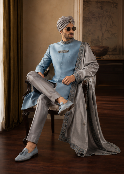 Ice Blue Sherwani Hand Embellished Collar (SH00076-SKU)