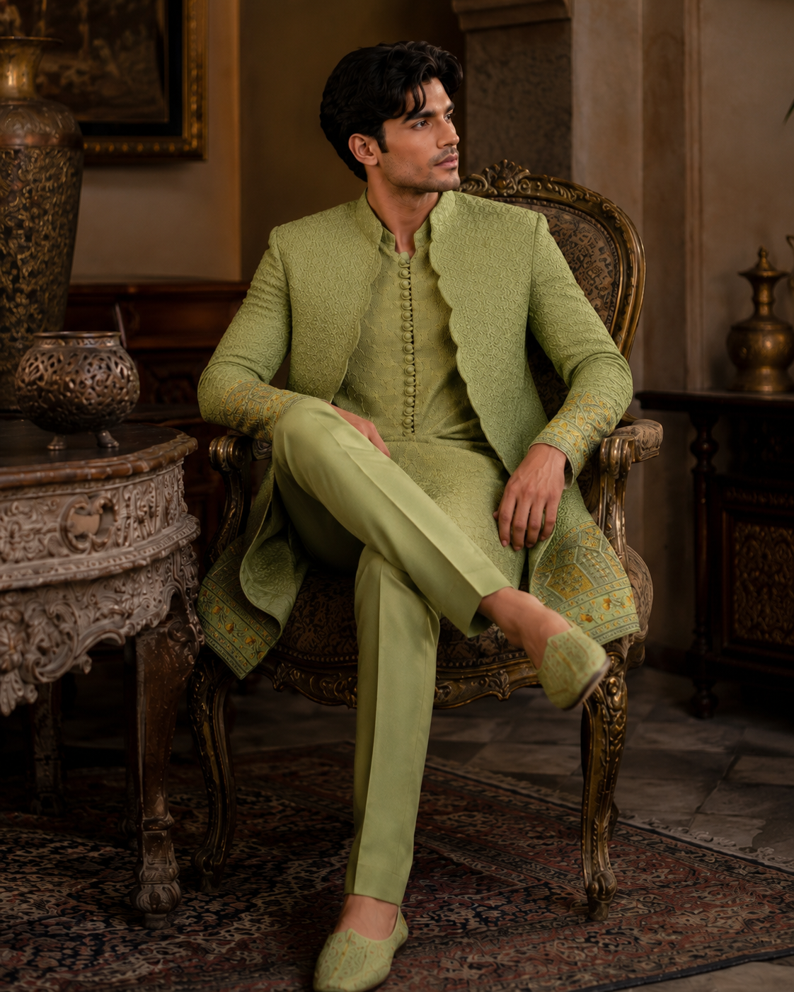 PISTACHIO GREEN OPEN UNIQUE CUT PRINCE COAT (PR00047-LGN)