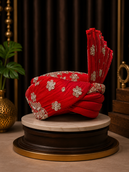 Rajasthani Style Turban Red With Ivory Embroidery