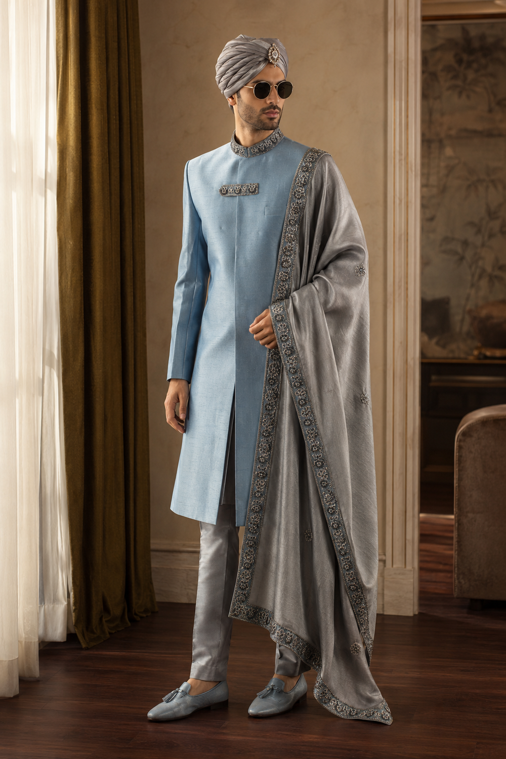 Ice Blue Sherwani Hand Embellished Collar (SH00076-SKU)