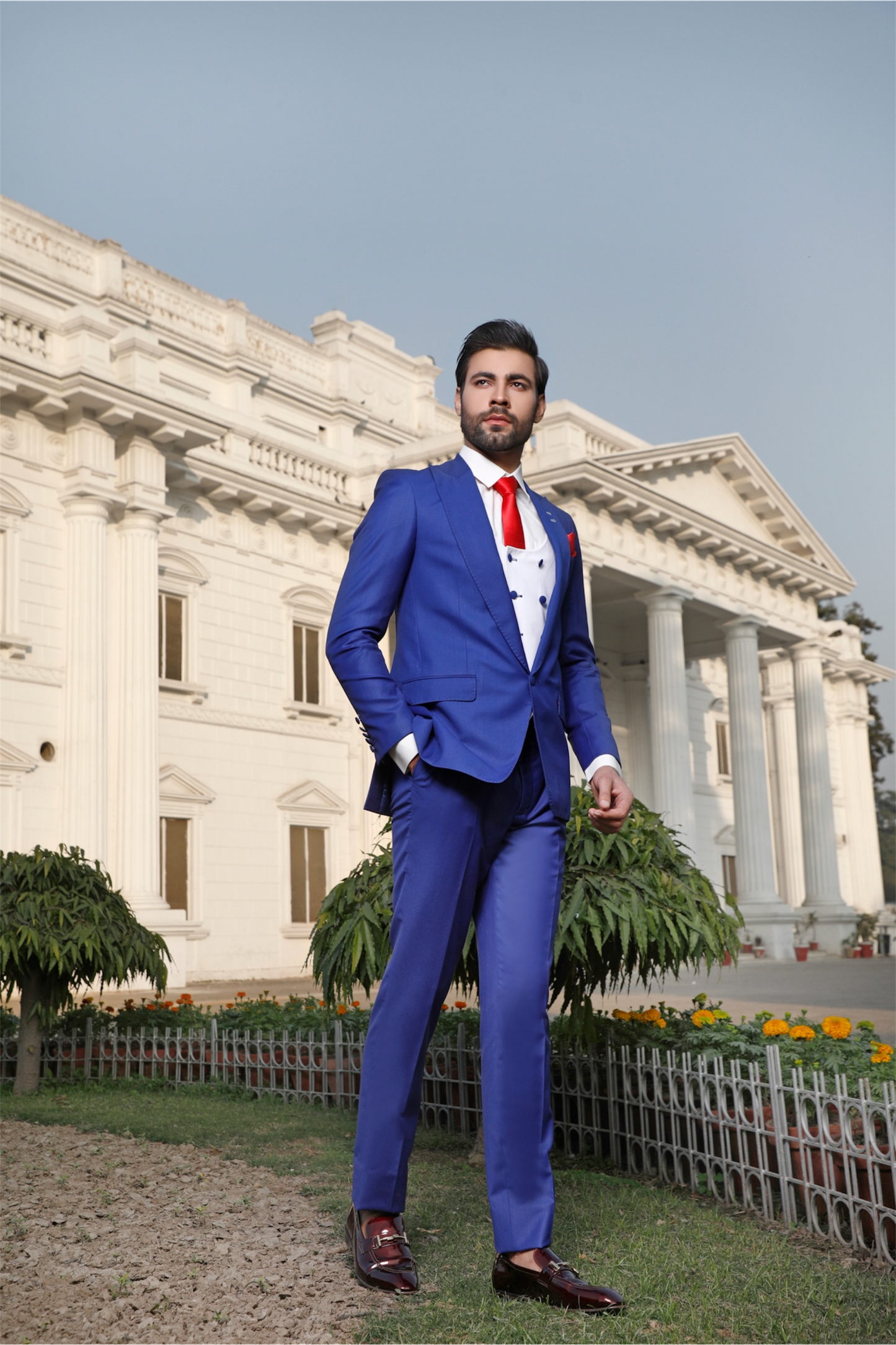 Cobalt Blue Three-Piece With White Double Press Waistcoat (PC00040-RYL)