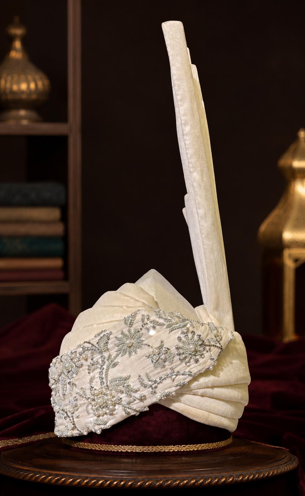 Aitchison Turban Soft Ivory With Silver Hand Embellishment