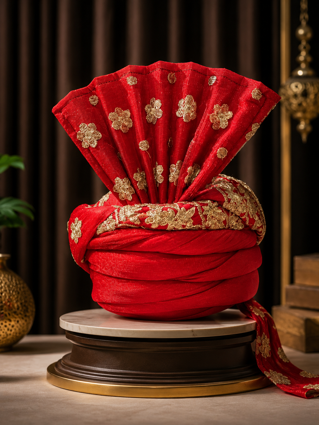 Rajasthani Style Turban Red With Ivory Embroidery