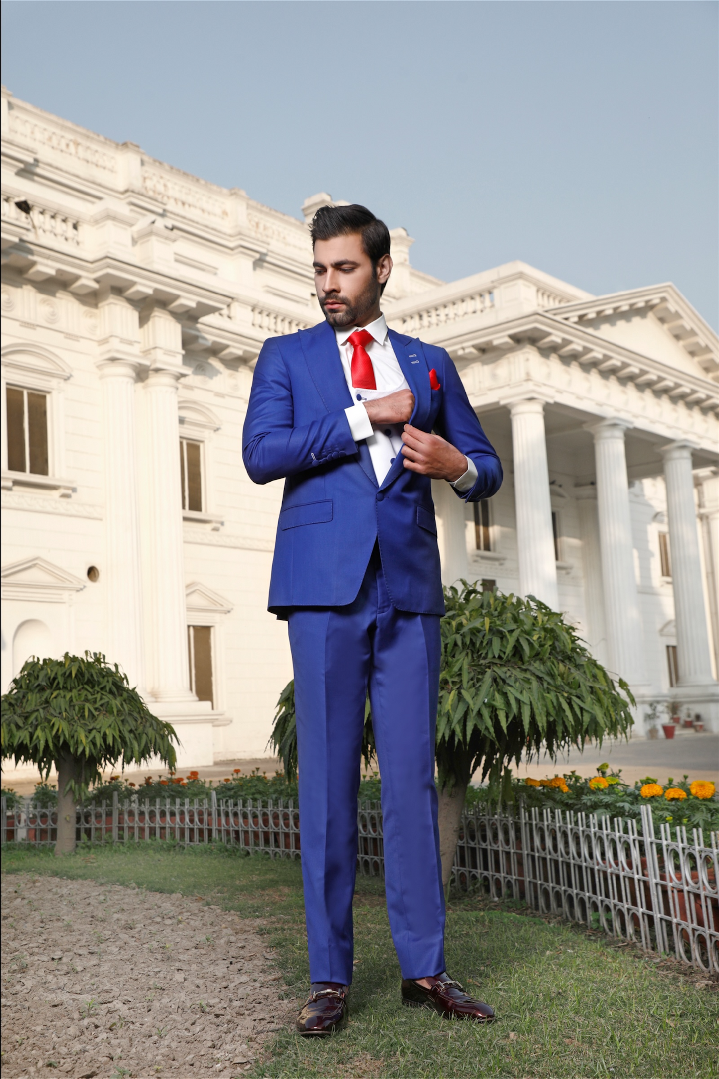 Cobalt Blue Three-Piece With White Double Press Waistcoat (PC00040-RYL)