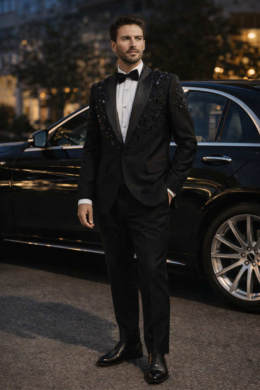 Hand Embellished Black Tuxedo Shawl Lapel PC00062-BLK