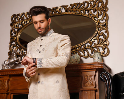 Cream Silver Sherwani Embellished Cuff and Collar (SH00062-CRM)