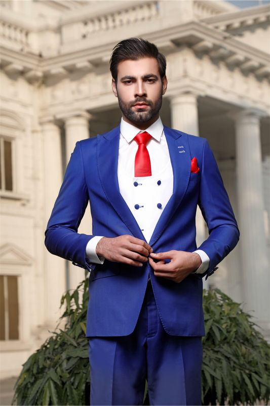 Cobalt Blue Three-Piece With White Double Press Waistcoat (PC00040-RYL)