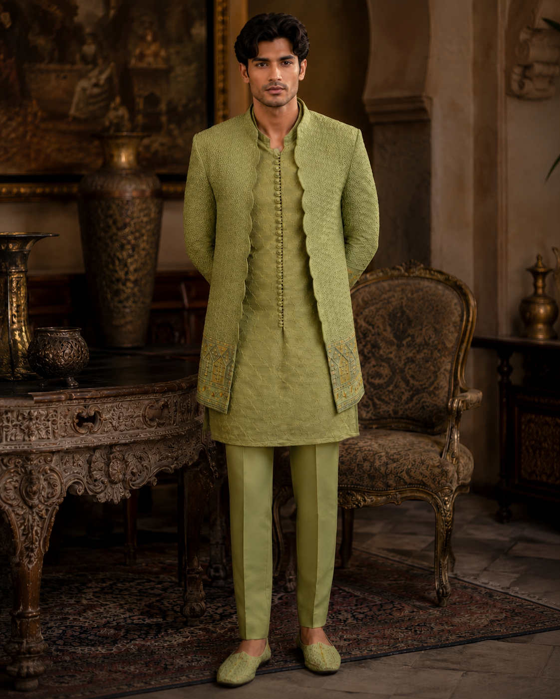 PISTACHIO GREEN OPEN UNIQUE CUT PRINCE COAT (PR00047-LGN)