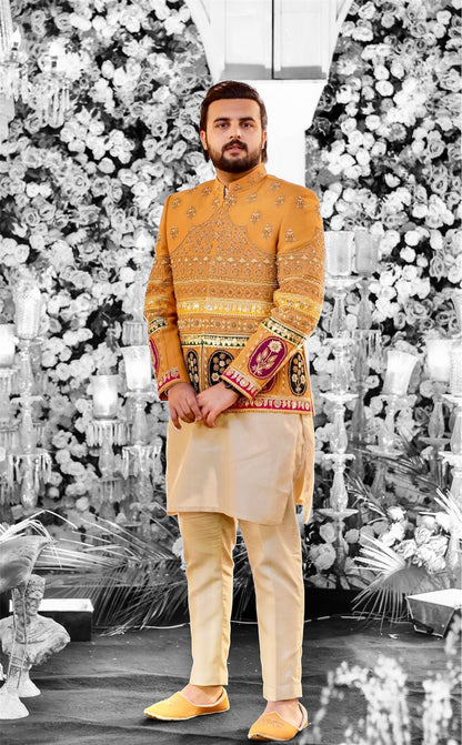 Royal Mustard Fully Hand Embellished Luxury Prince Coat (PR00062-MSD)