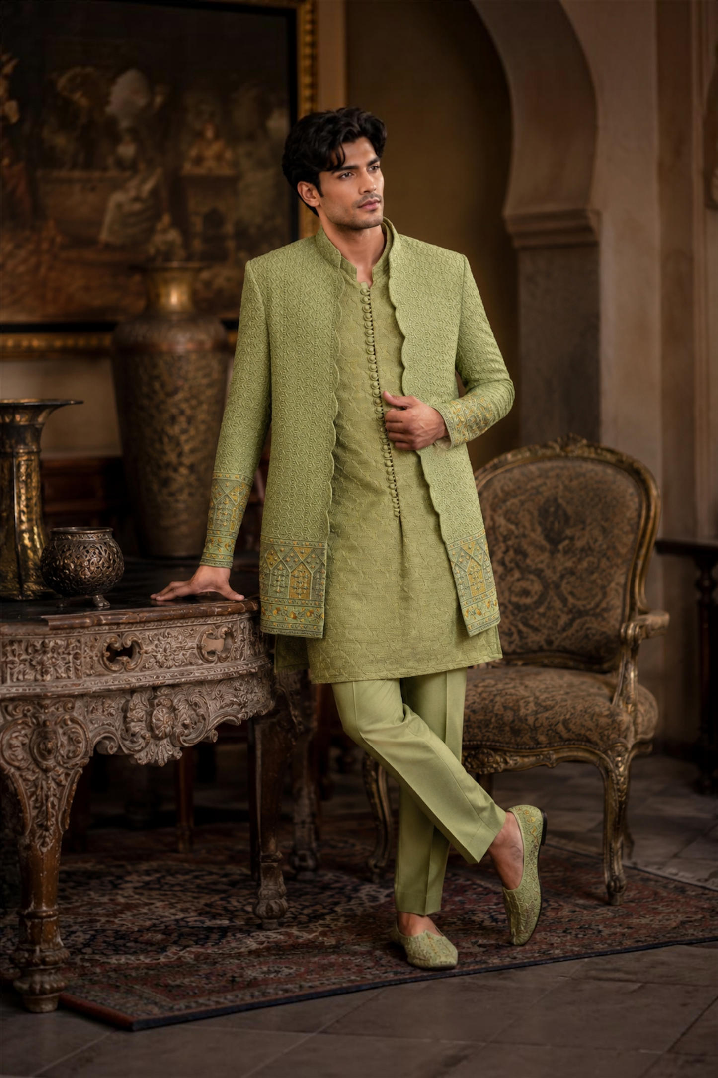 PISTACHIO GREEN OPEN UNIQUE CUT PRINCE COAT (PR00047-LGN)