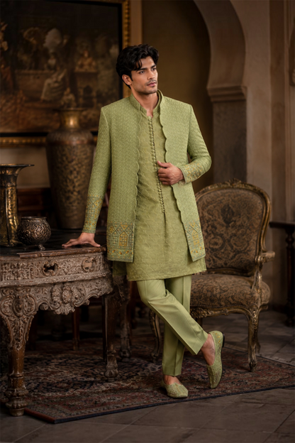 PISTACHIO GREEN OPEN UNIQUE CUT PRINCE COAT (PR00047-LGN)
