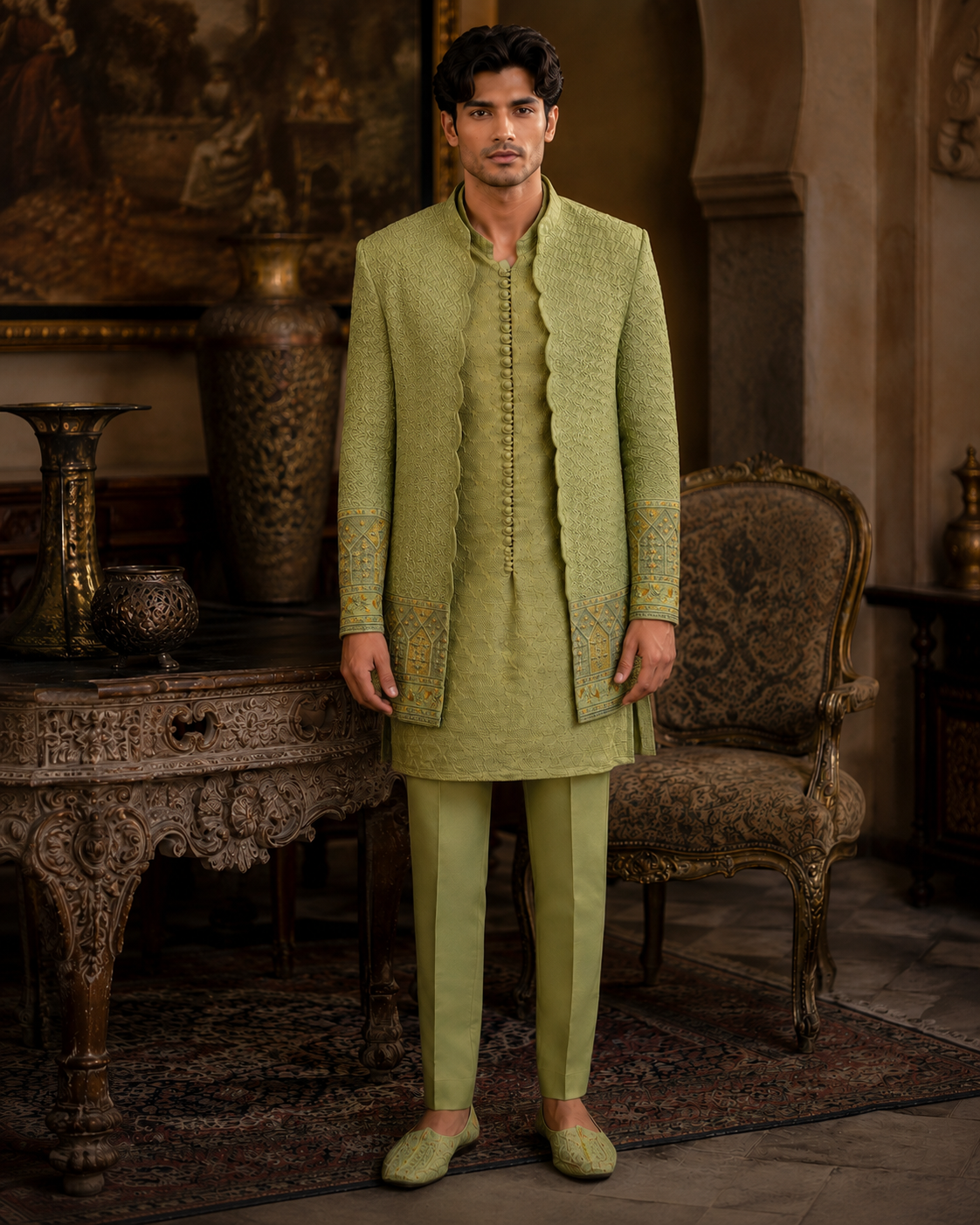 PISTACHIO GREEN OPEN UNIQUE CUT PRINCE COAT (PR00047-LGN)