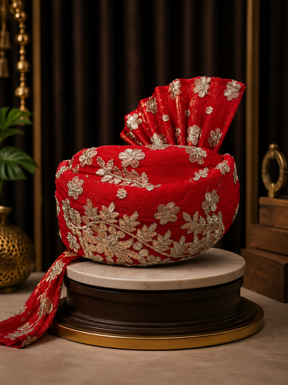 Rajasthani Style Turban Red With Ivory Embroidery