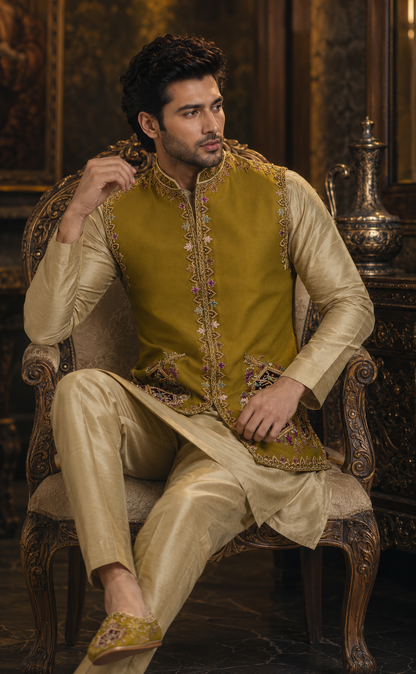 Luxury Embellished Waistcoat Antique Mustard Gold / Olive Gold (VC00152-MST)