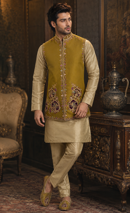 Luxury Embellished Waistcoat Antique Mustard Gold / Olive Gold (VC00152-MST)