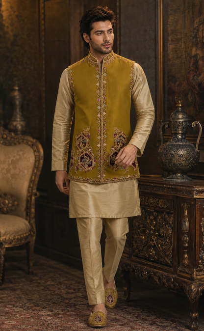Luxury Embellished Waistcoat Antique Mustard Gold / Olive Gold (VC00152-MST)