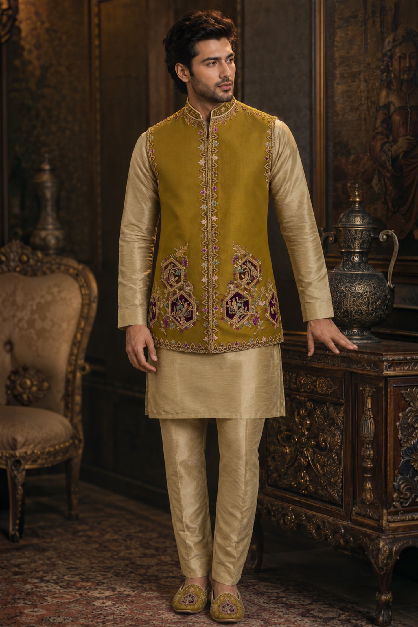 Luxury Embellished Waistcoat Antique Mustard Gold / Olive Gold (VC00152-MST)