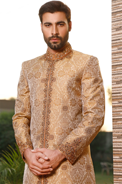 Bronze Floral Sherwani Hand Embellished Cuff, Front and Collar (SH00067-WGD)