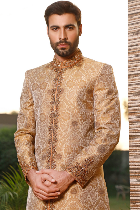 Bronze Floral Sherwani Hand Embellished Cuff, Front and Collar (SH00067-WGD)