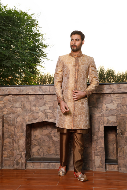 Bronze Floral Sherwani Hand Embellished Cuff, Front and Collar (SH00067-WGD)