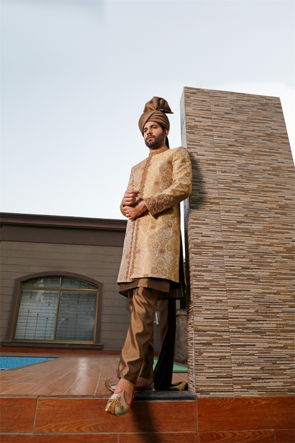 Bronze Floral Sherwani Hand Embellished Cuff, Front and Collar (SH00067-WGD)