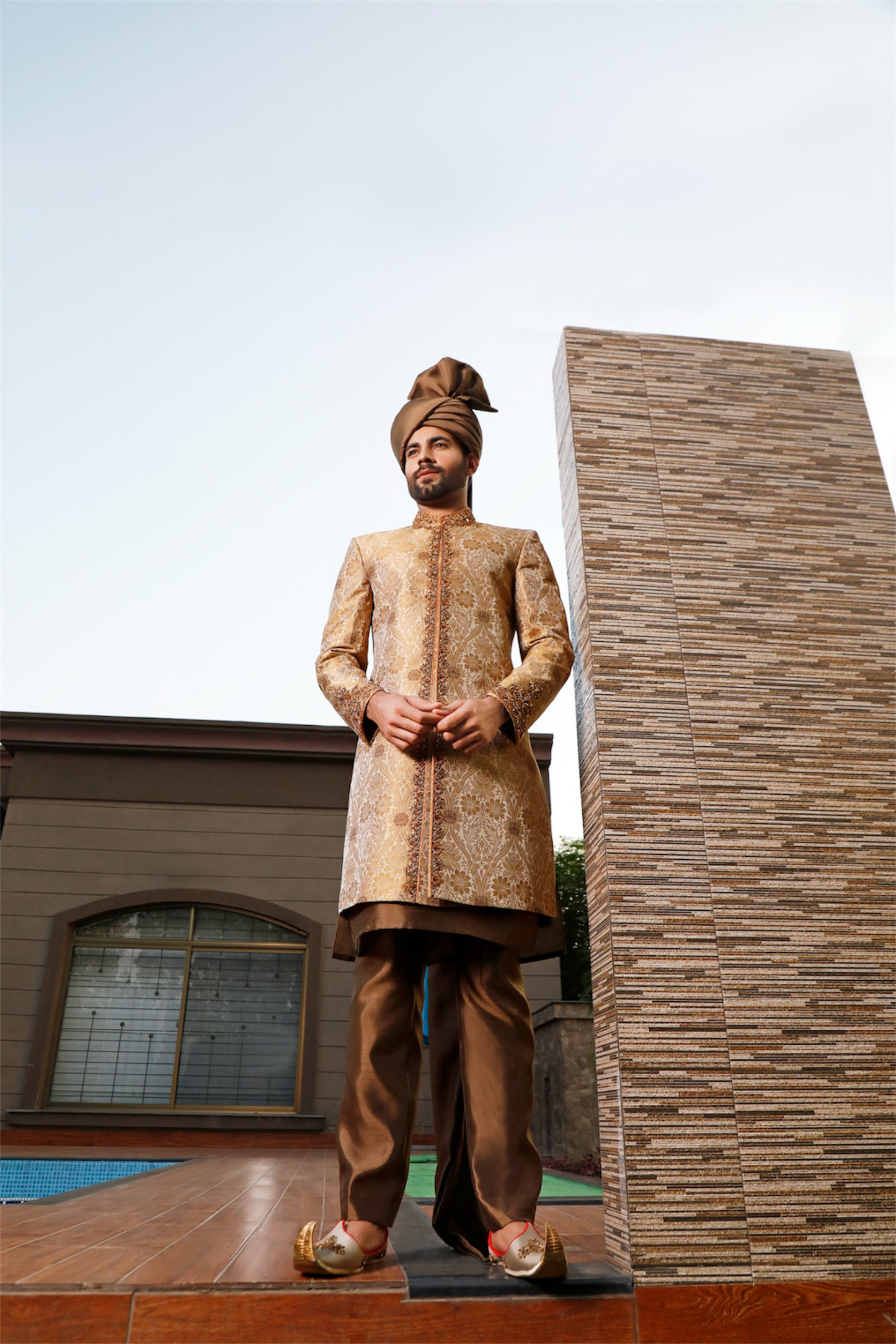 Bronze Floral Sherwani Hand Embellished Cuff, Front and Collar (SH00067-WGD)