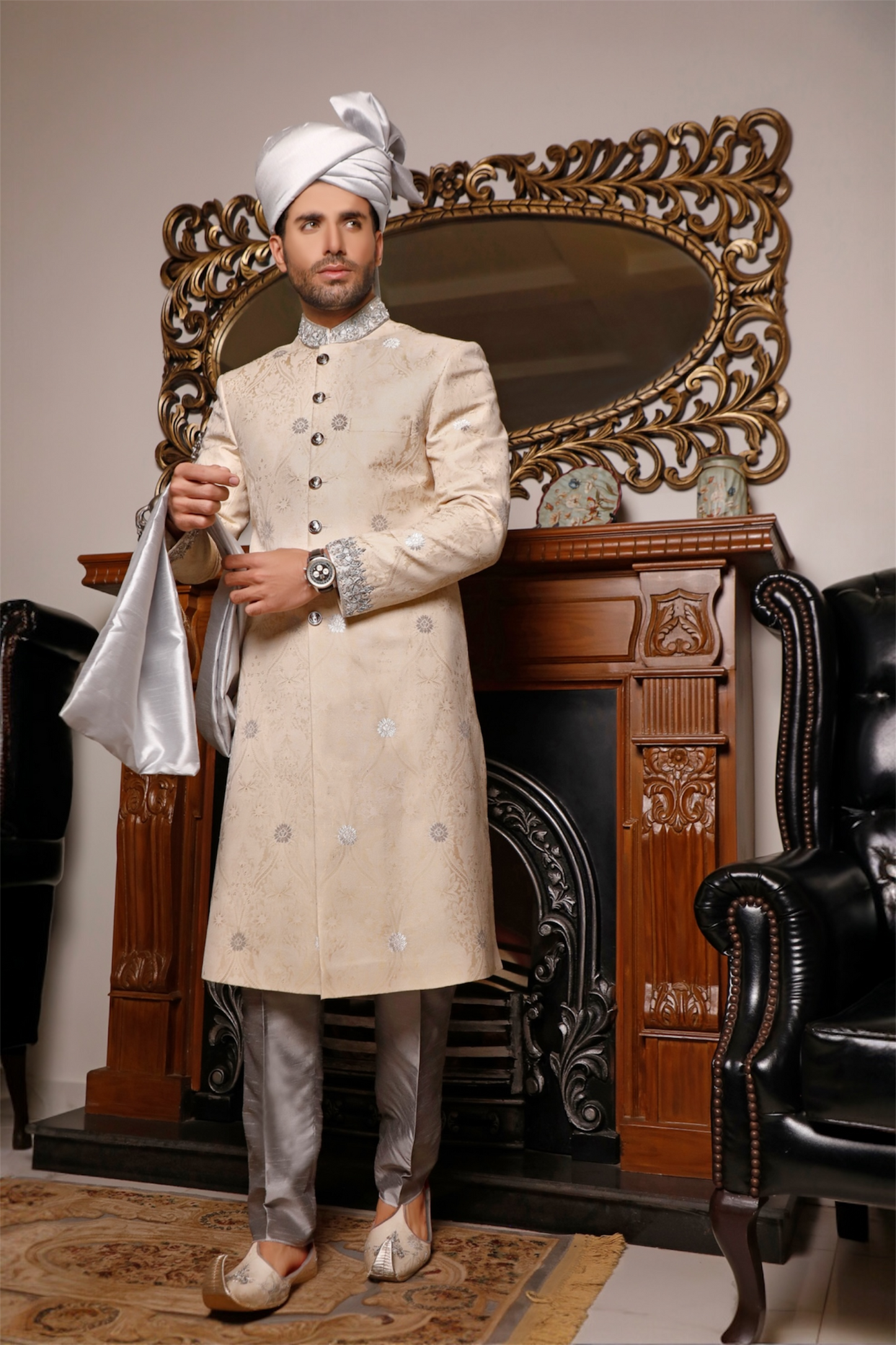 Cream Silver Sherwani Embellished Cuff and Collar (SH00062-CRM)