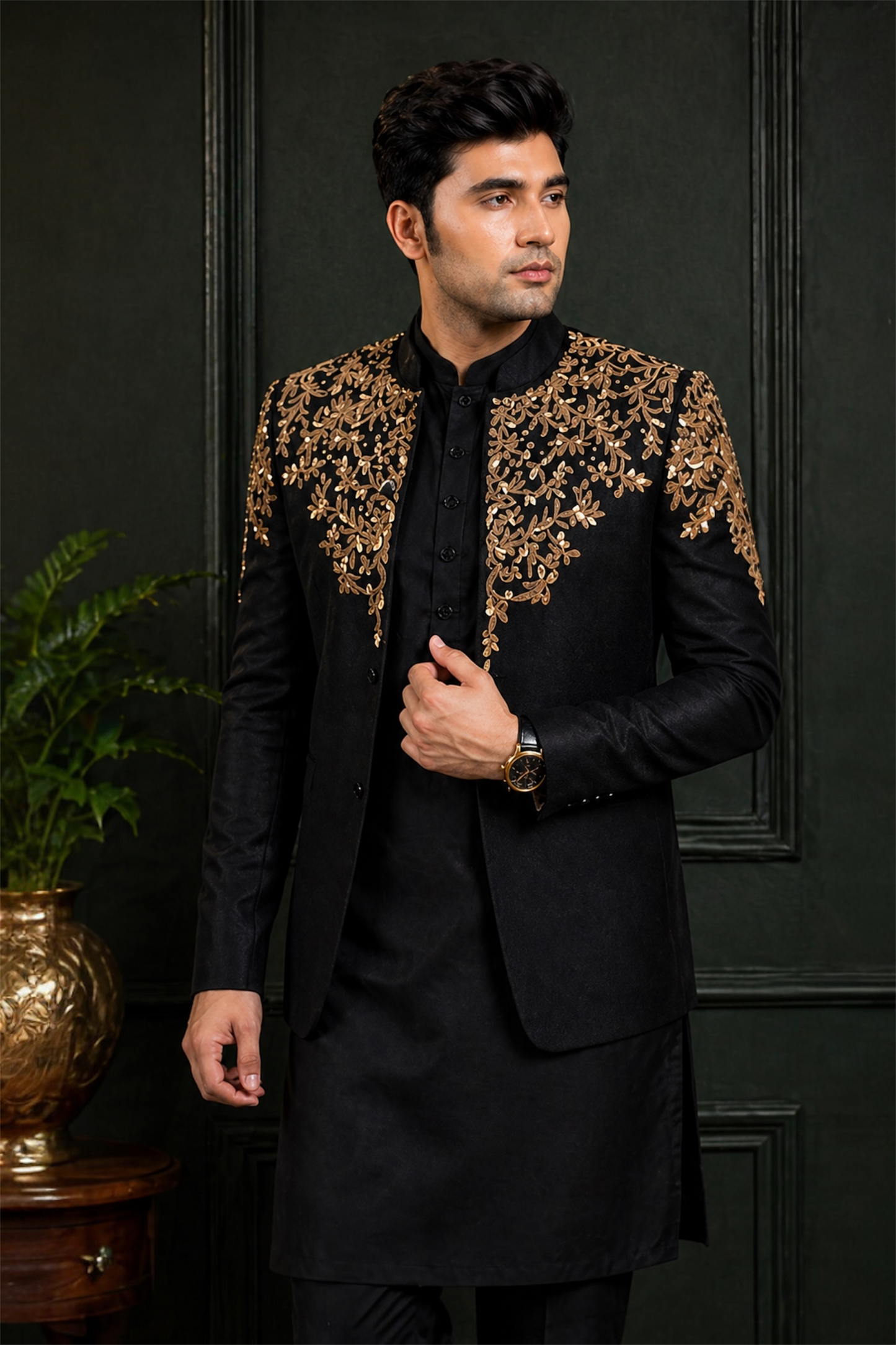 Black Prince Coat With Antique Gold Color Hand Embellishment on Upper Portion and Upper Arms (PR00030-BLK)