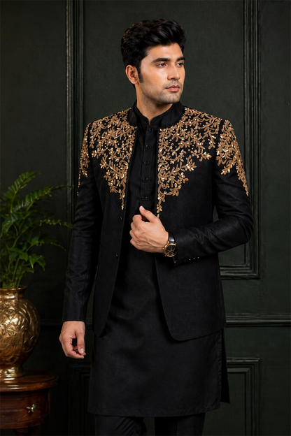 Black Prince Coat With Antique Gold Color Hand Embellishment on Upper Portion and Upper Arms (PR00030-BLK)