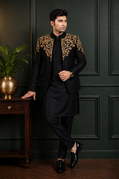 Black Prince Coat With Antique Gold Color Hand Embellishment on Upper Portion and Upper Arms (PR00030-BLK)