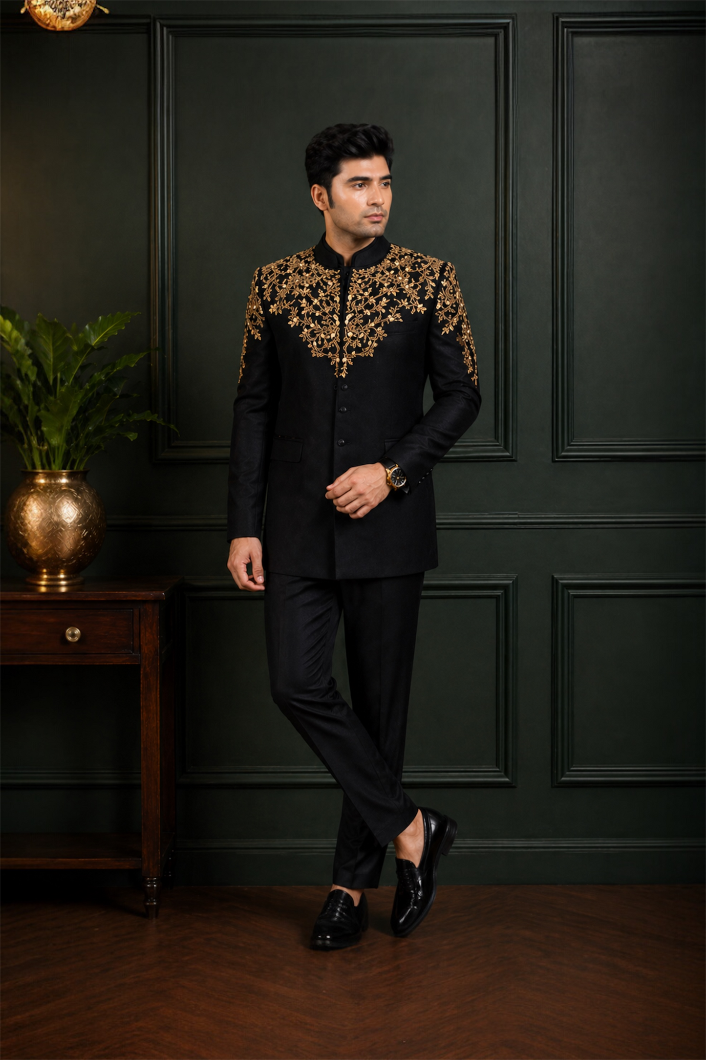 Black Prince Coat With Antique Gold Color Hand Embellishment on Upper Portion and Upper Arms (PR00030-BLK)