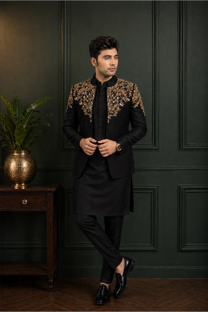 Black Prince Coat With Antique Gold Color Hand Embellishment on Upper Portion and Upper Arms (PR00030-BLK)