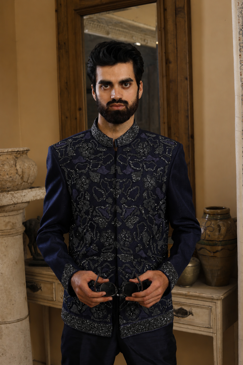 MIDNIGHT BLUE PRINCE COAT WITH SHADE OF SILVER AND BLUE EMBELISHMENT (PR00061-NVY)