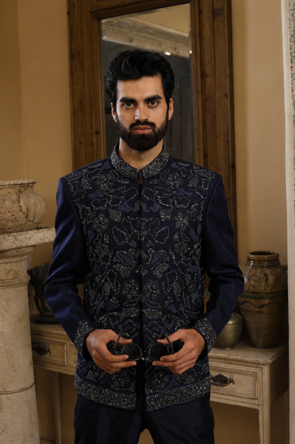 MIDNIGHT BLUE PRINCE COAT WITH SHADE OF SILVER AND BLUE EMBELISHMENT (PR00061-NVY)