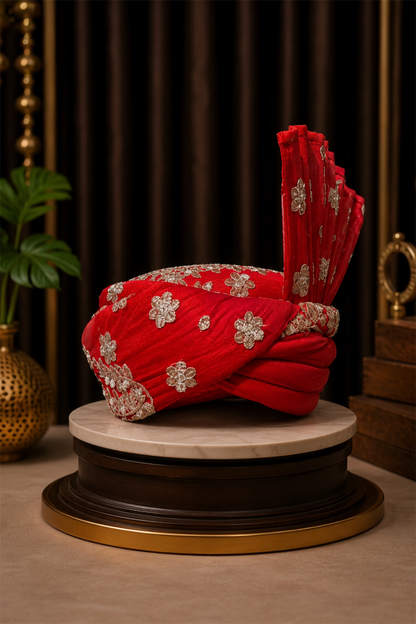 Rajasthani Style Turban Red With Ivory Embroidery