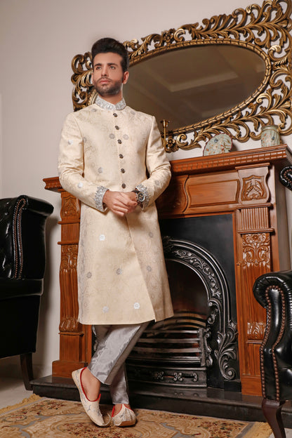 Cream Silver Sherwani Embellished Cuff and Collar (SH00062-CRM)