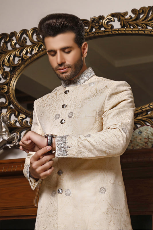 Cream Silver Sherwani Embellished Cuff and Collar (SH00062-CRM)