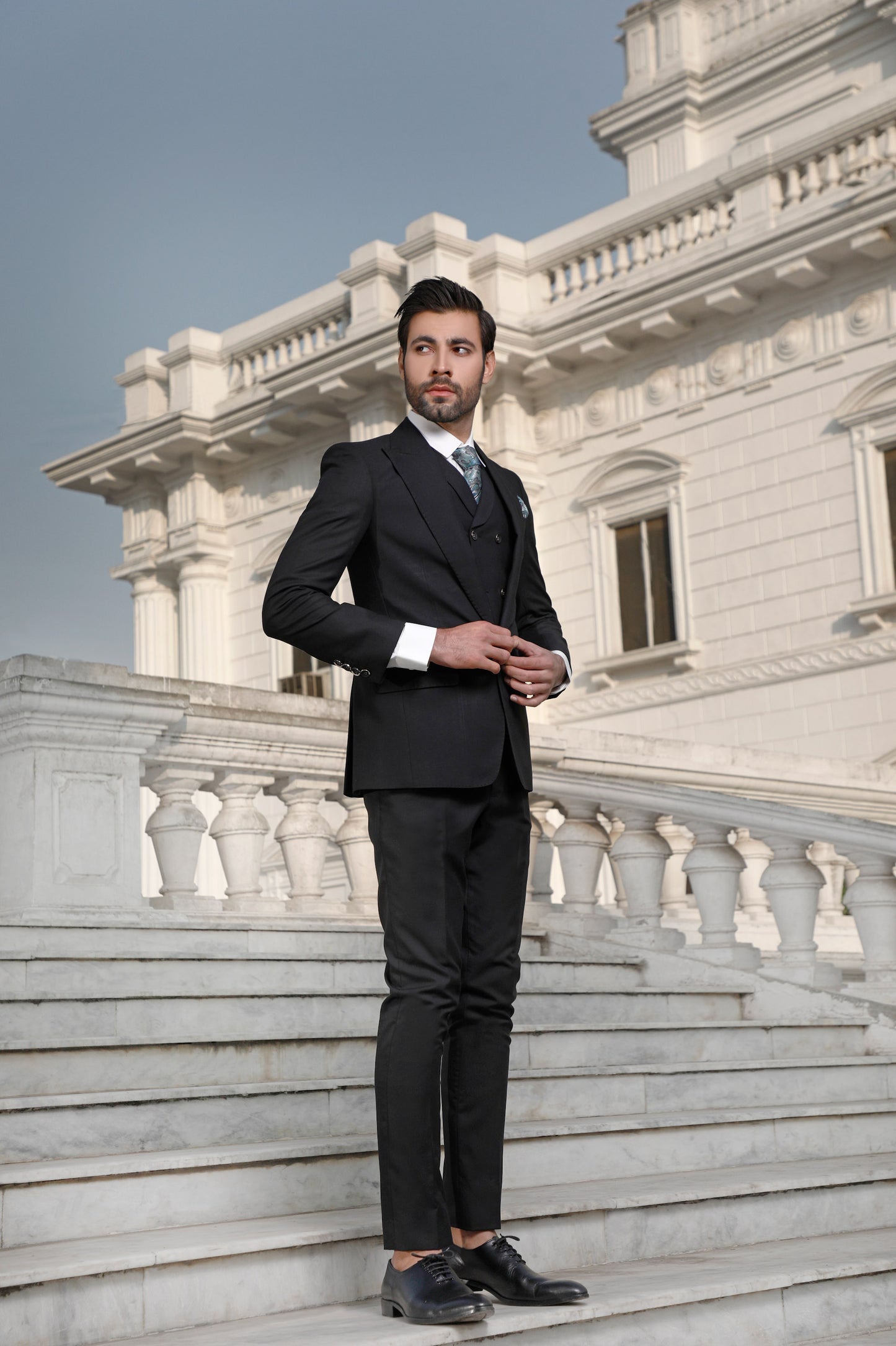 Black Peak Lapel 3 Piece Pant Coat, Suit (PC00025-BLK)