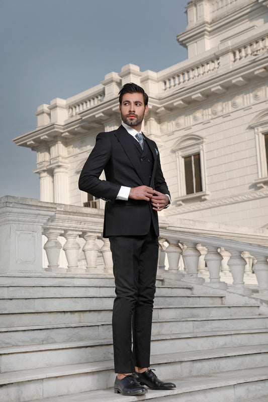 Black Peak Lapel 3 Piece Pant Coat, Suit (PC00025-BLK)