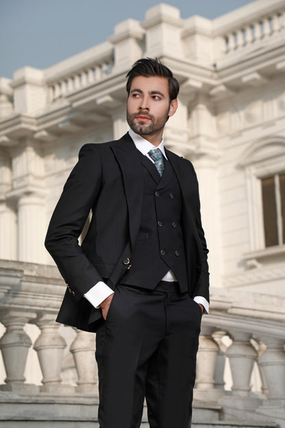 Black Peak Lapel 3 Piece Pant Coat, Suit (PC00025-BLK)
