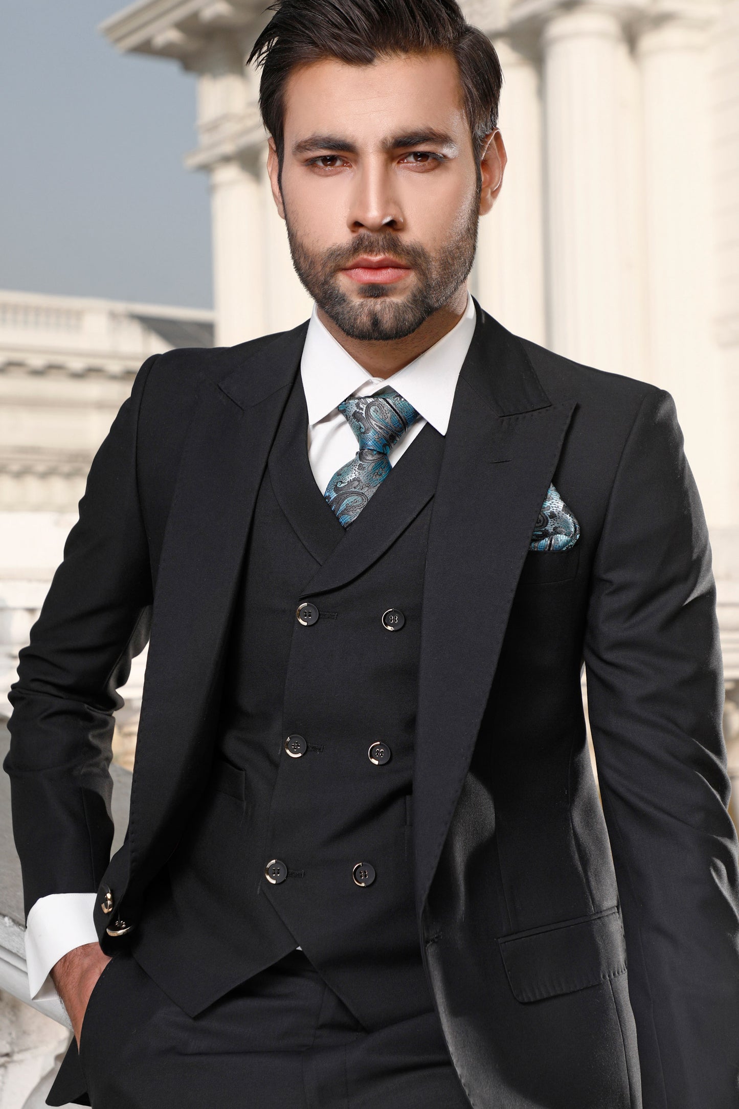 Black Peak Lapel 3 Piece Pant Coat, Suit (PC00025-BLK)