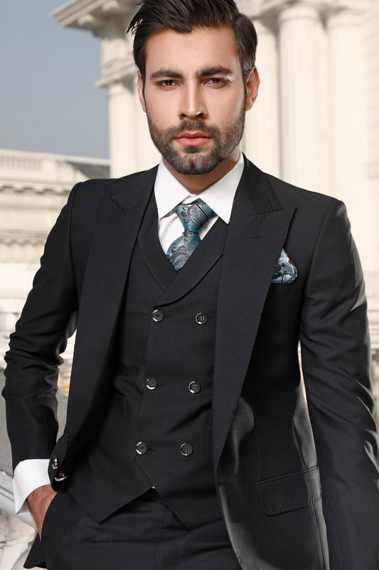 Black Peak Lapel 3 Piece Pant Coat, Suit (PC00025-BLK)