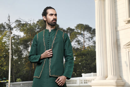 Emerald Green (Bottle Green) Open Waistcoat With Hand Embellishment Detailing (VC00089-BTL)