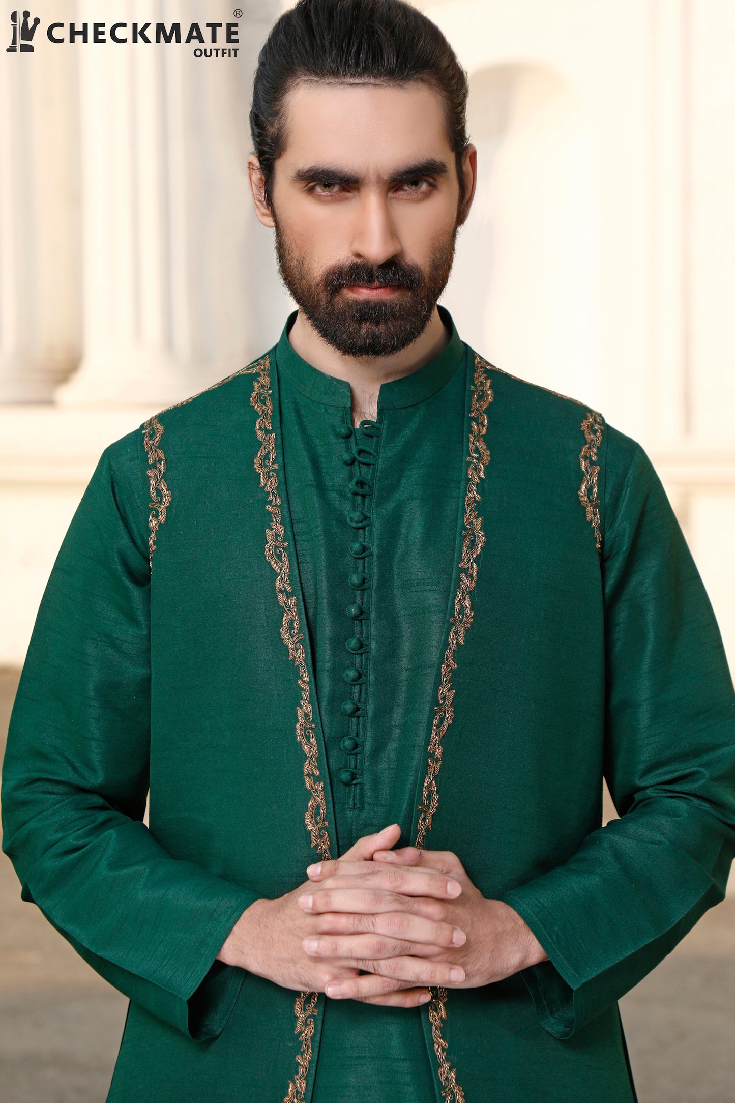 Emerald Green (Bottle Green) Open Waistcoat With Hand Embellishment Detailing (VC00089-BTL)