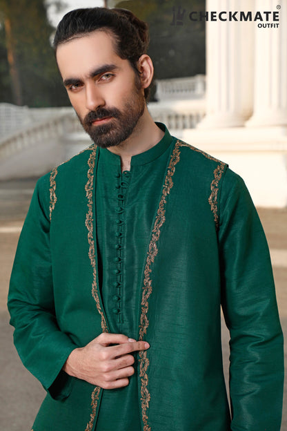 Emerald Green (Bottle Green) Open Waistcoat With Hand Embellishment Detailing (VC00089-BTL)