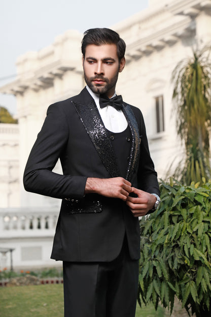 Black Sequence Tuxido Peak Lapel 3 Piece Pant Coat (Suit) (PC00030-BLK)