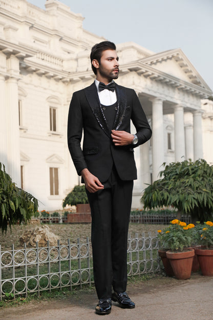 Black Sequence Tuxido Peak Lapel 3 Piece Pant Coat (Suit) (PC00030-BLK)